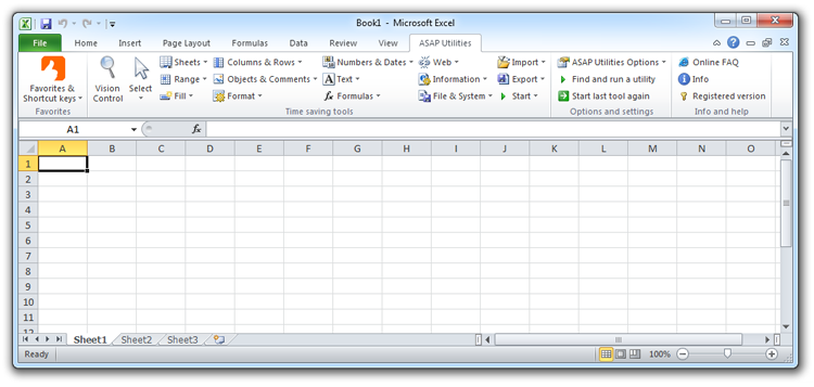 Excel 2010 with ASAP Utilities in the menu
